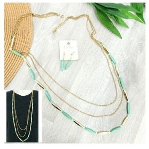 NEW Esmor Faux Jade Link Gold Layered Necklace & Earrings Set